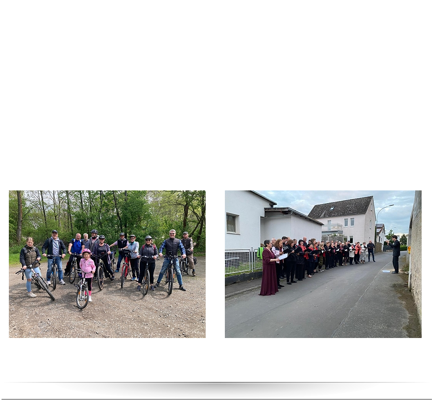 17.05.23 > Maifeier und „Feuertaufe“ Emotionale Momente beim Gesangverein Eintracht / Vorfreude auf das Weinfest   Mit emotionalen Auftritten ist die Chorgemeinschaft Kaichen ins Frühjahr gestartet. Souverän leitete der neue Dirigent Valentin Haller bei seiner Premiere am Palmsonntag das Ehrensingen, mit dem der gemischte Chor den verstorbenen Mitgliedern des Gesangvereins Eintracht gedachte. Ebenso berührend war das Singen des Männerchors im Gottesdienst am 7. Mai für den Vizechorleiter, Tenor und Musiker Stefan Koschorr, der sich nicht nur beim Gesangverein Einigkeit und der Chorgemeinschaft, sondern auch beim Musikzug, dem FC Kaichen und der gesamten Vereinsgemeinschaft sowie in der Niddataler Kommunalpolitik hoch verdient gemacht hat.  Zur traditionellen Maifeier des Gesangvereins Eintracht mit Radtour und Wandergruppe konnten die Mitglieder und Freunde einen unbeschwerten Tag genießen. Beim gemeinsamen Grillen und Kaffeetrinken im Hof der Familie des Ex-Vorsitzenden und Ehrenmitglieds Michael Hahn nutzte Vorstand Jan-Otto Weber die Gelegenheit, im Kreise der Vereinsfamilie verdiente Mitglieder zu Ehren. Einen weiteren emotionalen Auftritt absolvierte der gemischte Chor zur Hochzeit unserer  Sopranistin Janika mit ihrem Patrick am 12. Mai. Die Umstände brachten es mit sich, dass der Chor nicht nur für die Hochzeitsgesellschaft im Kaicher Bürgerhaus, sondern auch spontan auf der Straße vor dem Haus des Brautpaares seine Lieder „Ohne Dich“, „You raise me up“ und „An Tagen wie diesen“ darbrachte.  Mit diesen Auftritten haben sowohl der neue Chorleiter als auch die Sängerinnen und Sänger der Chorgemeinschaft ihre Feuertaufe bestanden. Die Kaicher Chöre bereiten sich nun mit Vorfreude auf ihr großes Weinfest vor, das gemeinsam mit befreundeten Chören am Samstag, 15. Juli, ab 19.30 Uhr im romantischen Ambiente in Hof und Scheune von Familie Roth an der Freigerichtstraße 30 begangen wird. Hierzu sind alle herzlich eingeladen.  Die Radfahrgruppe des Gesangvereins Eintracht war zur diesjährigen Maitour auf dem Usa-Radweg unterwegs. Der gemischte Chor der Chorgemeinschaft brachte zusätzlich zum Auftritt bei der Feier im Bürgerhaus ein spontanes Ständchen vor dem Haus der Brautleute.